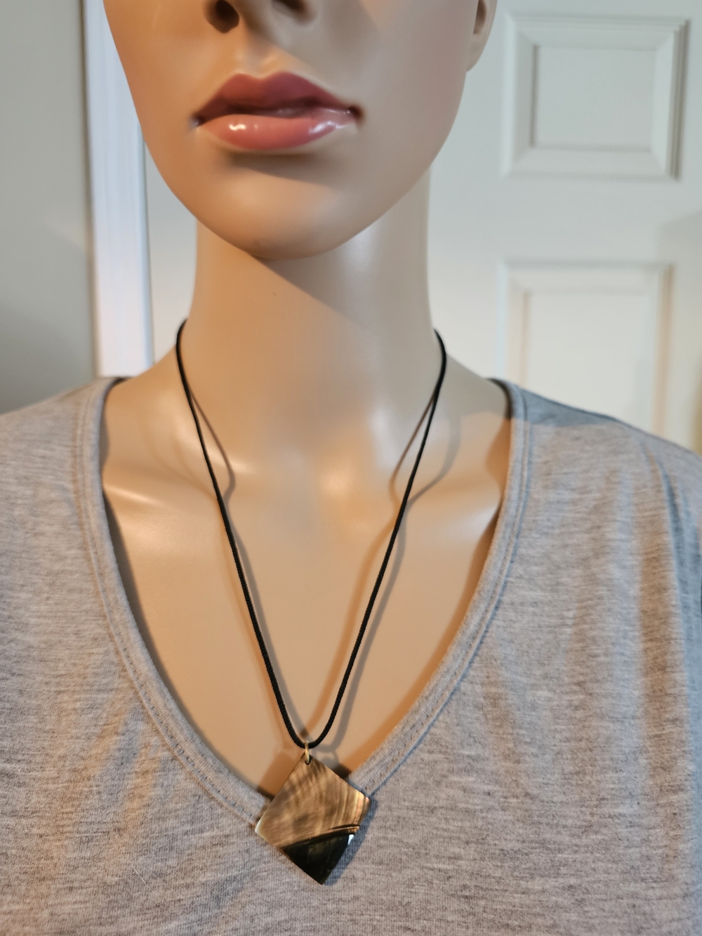 Double Cord Black Necklace with Brown Geometric Pendant